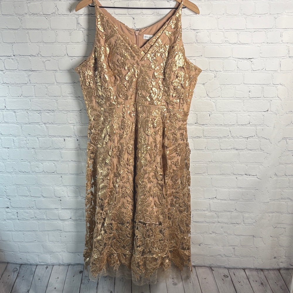 DRESS the POPULATION NWT Blair Gold Sequin Lace Mesh Sleeveless Dress size XL - Picture 2 of 9